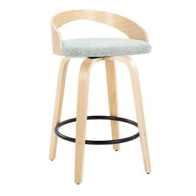 Set of 2 Green Swivel Counter Stools with Wood Legs