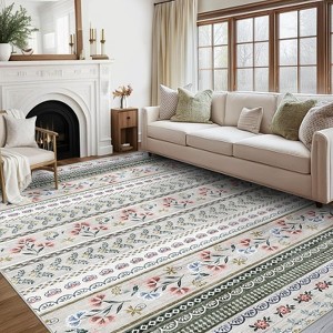 Flower Line Rug,Machine Washable Low-Pile Non-Slip Floral Area Carpet for Kids Room, Living Room, Bedroom, Contemporary Boho Accent Decor - 1 of 4