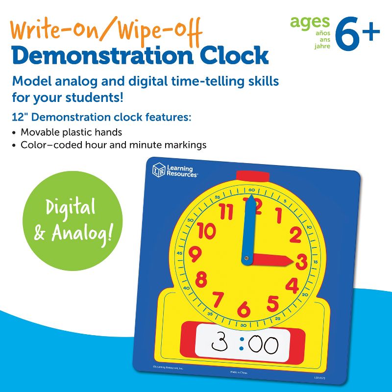 Learning Resources Write & Wipe Demonstration Clock, Easy-to-Read, 12" Square Clock, Ages 6+, 4 of 5