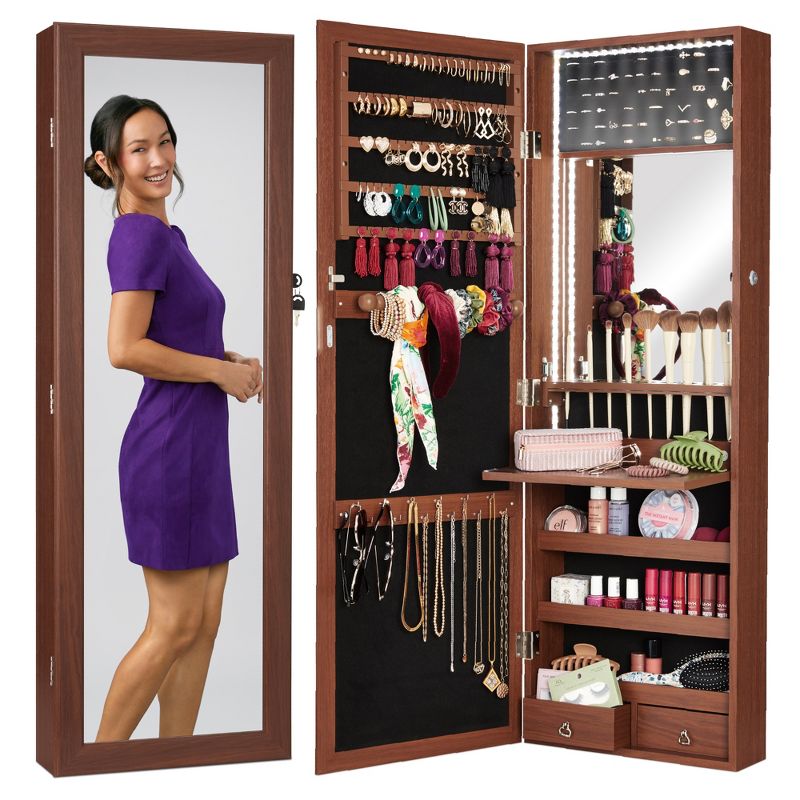 Best Choice Products Hanging Mirror Jewelry Armoire, Door or Wall Mounted Cabinet w/ LED Lights, Lock, 1 of 9