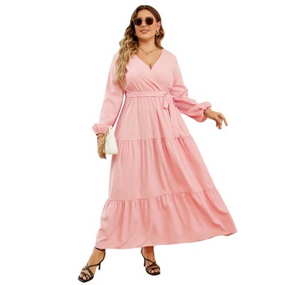 Clearlove Women's Plus Size V-Neck Long Sleeves A-Line Pleated Floor Length Formal Dress