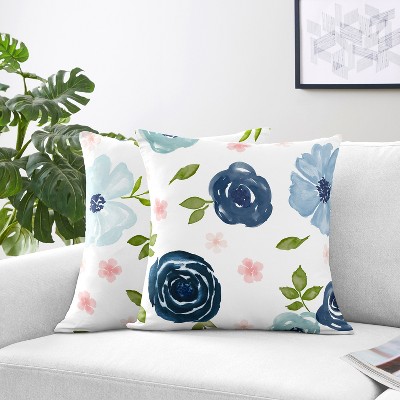 Navy Blue and Pink Watercolor Floral 18'' Square Pillow Set