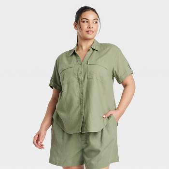 Women's Short Sleeve Linen Front Button-Down Shirt - Ava & Viv™ 