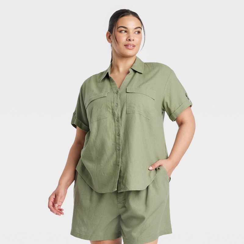 Women's Short Sleeve Linen Front Button-Down Shirt - Ava & Viv™ , 1 of 4