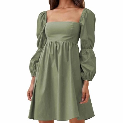 EXLURA Womens Square Neck Dress Long Puff Sleeve A-Line Casual Short Mini Dresses