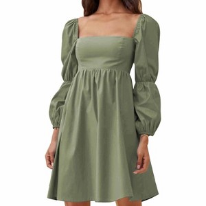 EXLURA Womens Square Neck Dress Long Puff Sleeve A-Line Casual Short Mini Dresses - 1 of 4