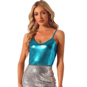 Allegra K Women's Metallic Shiny Party Deep V Neck Spaghetti Straps Cami Tops - 1 of 4