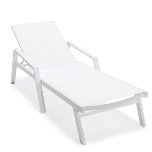LeisureMod Marlin Patio Chaise Lounge Chair with Armrests in White Aluminum Frame