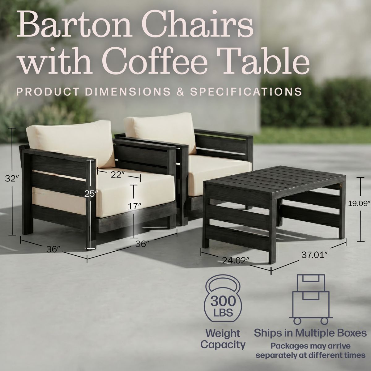 Alaterre Furniture Barton 3 Piece Patio Furniture Set - Weather-Resistant Eucalyptus Wood Outdoor Table and Chairs with Cushions - (Black) - thumbnail 4