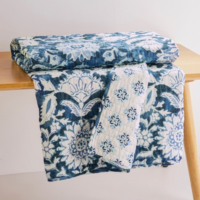 Laure Indigo Blue and White Cotton Quilted Throw