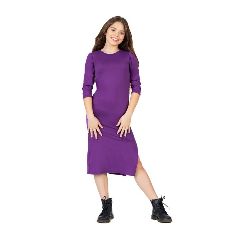 24seven Comfort Apparel Girls Long Sleeve Side Slit Maxi Dress Solid Color, 1 of 6