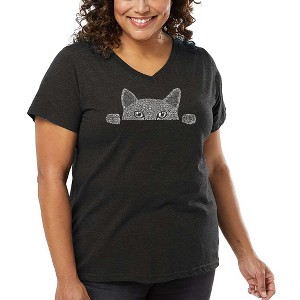 LA Pop Art Women's Word Art V-Neck - Peeking Cat - 1 of 4