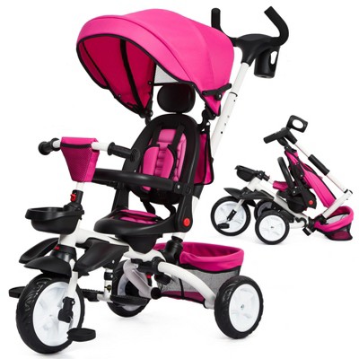 Acekool 7-in-1 Folding Toddler Tricycle with Adjustable Push Handle, Safety Harness, Brake, Rotatable Seat, Canopy, Storage & Cup Holder for Ages 1-5