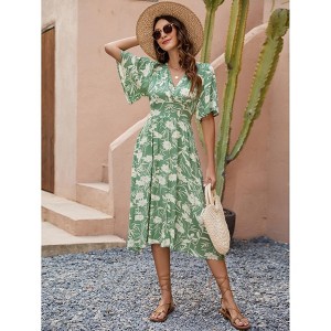 Womens Summer Dress Bohemian V Neck Short Sleeve Ruffle Hem Tie Waist Beach Dress - 1 of 3