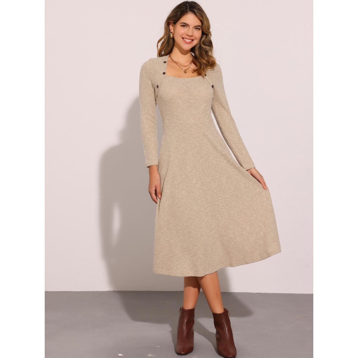 Женские платья INSPIRE CHIC Women's Casual Square Neck A-Line with Pockets Knitted Sweater Dress X-Large Light Khaki — фото 2