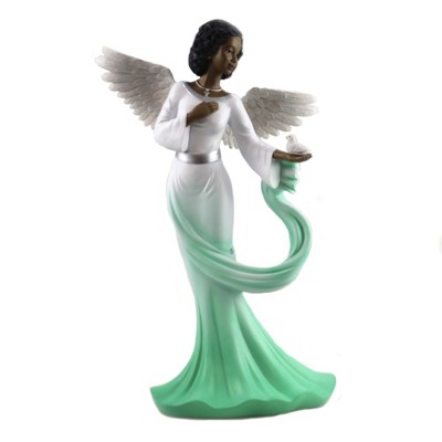 Black Art 11.75" Angel With Green Sash Dove Wing Religious  -  Decorative Figurines
