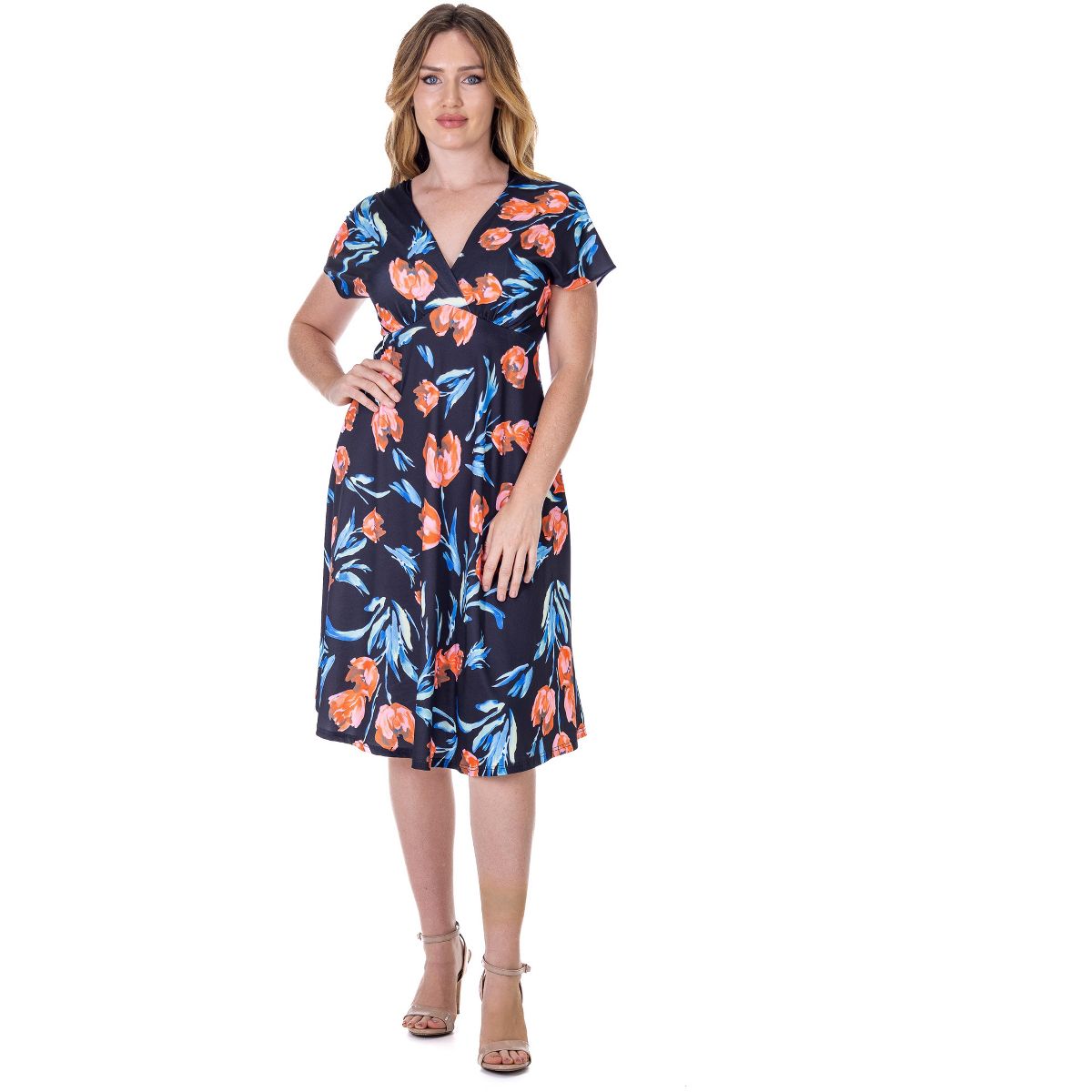24seven Comfort Apparel Petite Tulip Print V Neck Empire Waist Cap Sleeve Knee Length Dress