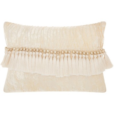 Ivory Velvet Rectangular Throw Pillow with Tassels 14" x 20"