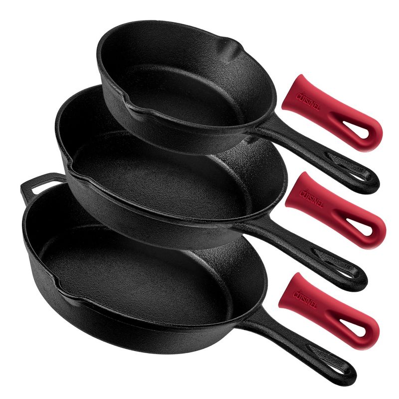 Cuisinel Cast Iron Skillets Set - 3-Piece: 6" + 8" + 10"-Inch Chef Frying Pans + 3 Heat-Resistant Handle Cover Grips, 1 of 4