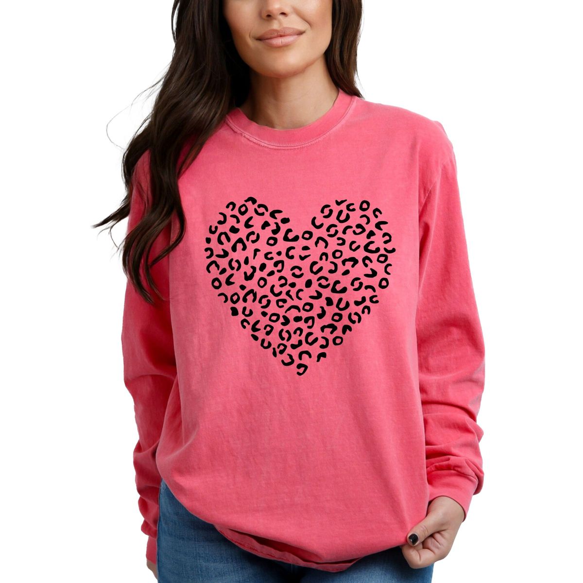 Simply Sage Market Valentine Leopard Heart - Women's Garment Dyed Long Sleeve Graphic T-Shirt - Crunchberry - Large