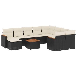 vidaXL 11 Piece Patio Sofa Set with Cushions Black Poly Rattan - Black and Cream - 1 of 4