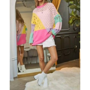 Women's Color Block Distressed Detail Pullover Sweater - DAVI & DANI - 1 of 4