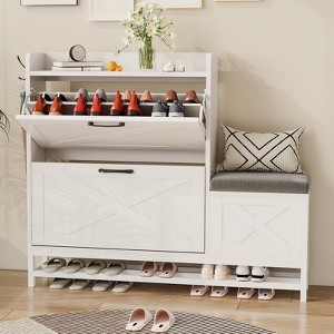 Shoe Cabinet with 2 Flip Drawers, Wood Narrow Shoe Cabinet with Bench & Hooks – Entryway Storage for Hallway, Living Room - 1 of 4