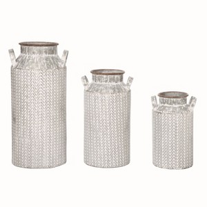Transpac Set of 3 Off-White Harvest Herringbone Metal Jugs 17.25 in Decorative Fall Thanksgiving Containers - 1 of 2