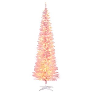 HOMCOM 7' Tall Pre-Lit Slim Noble Fir Artificial Christmas Tree with Realistic Branches, 200 Warm White LED Lights and 499 Tips - 1 of 4