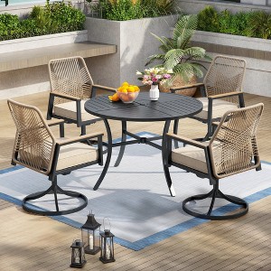 Captiva Designs 5pc Patio Dining Steel Set with Slat-top Round Table & Beige Rattan Chairs with Thick Cushions - 1 of 4
