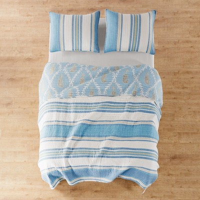 Blue and Taupe Cotton Twin Reversible Quilt Set