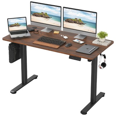GlasFlength Desks Standing Desk Adjustable Height Sit Stand Desk with Splice Board Headphone Hooks for Home Office, Brown, 48.43"*24"*45"