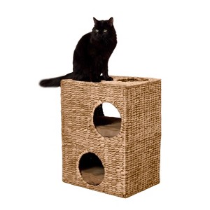 THE LICKER STORE Jaxon Modern Classic 2-Tier Handwoven Hyacinth Rectangular 5-Hole Cat Condo with 2 Machine-Washable Cushions - 1 of 4