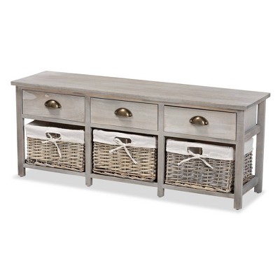 Mabyn Wood 3 Drawer Storage Bench With Baskets Light Gray Baxton