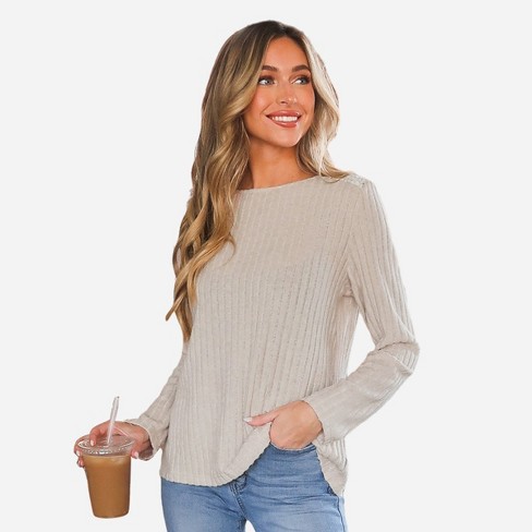 Women's Lace Trim Ribbed Long Sleeve Tee - Cupshe-m-beige : Target