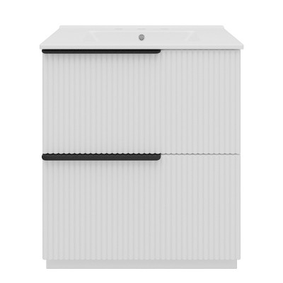 Vynxaria 30 Inch White Fluted Bathroom Vanity with Ceramic Sink One Complete Unit Solid Wood Cabinet Two Full Extension Soft Close Drawers 17 Inch