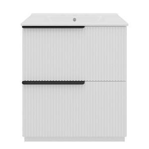 Vynxaria 30 Inch White Fluted Bathroom Vanity with Ceramic Sink One Complete Unit Solid Wood Cabinet Two Full Extension Soft Close Drawers 17 Inch - 1 of 4