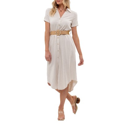 August Sky Women's Spread Collar Front Button Up Belted Midi Shirtdress