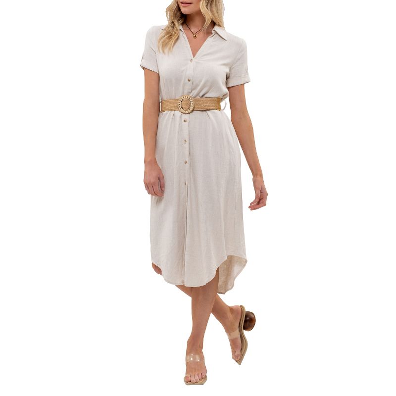 August Sky Women's Spread Collar Front Button Up Belted Midi Shirtdress, 1 of 10