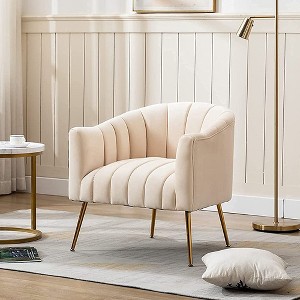 SEYNAR Modern Velvet Accent Chair,Round Upholstered Barrel Chair for Living Room,Beige, 28.25"D x 27.1"W x 28.9"H - 1 of 4