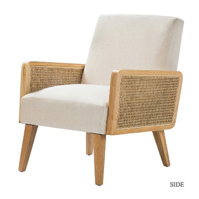 Chloé Cane Arm Chair with Wood Base Living Room Upholstered Accent Chair with Rattan Armrest | Karat Home