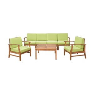 GDFStudio Abena Outdoor Acacia Wood 6 Seater Sofa and Club Chair Set with Cushions - 1 of 4