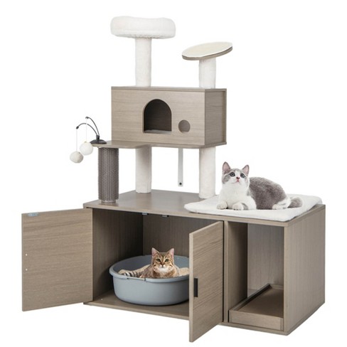 Tangkula Cat Tree with Litter Box Enclosure 2 in 1 Modern Cat Tower with Cat Condo