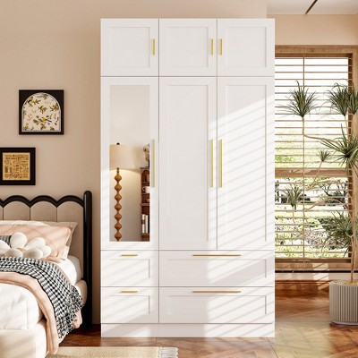 FUFU&GAGA Stylish White Cabinet with Golden Handles, Multi-Functional Interior and Mirrored Door Pane