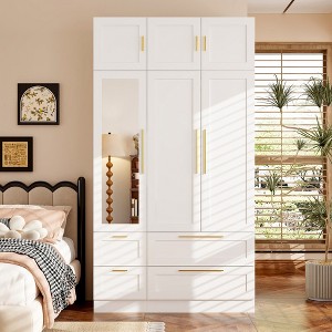 FUFU&GAGA Stylish White Cabinet with Golden Handles, Multi-Functional Interior and Mirrored Door Pane - 1 of 4