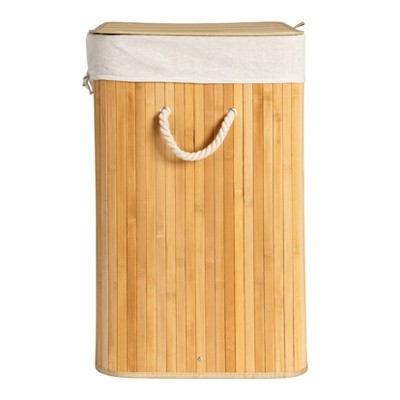 Natural Bamboo Double Laundry Hamper with Rope Handles and Lid