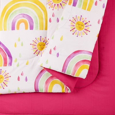 Full Pink Microfiber Reversible Comforter Set with Rainbows and Suns