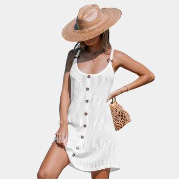 Women's White Waffle Knit Sleeveless Scoop Neck Mini Cover-Up - Cupshe