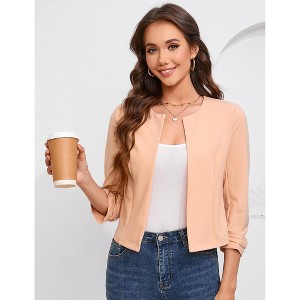 Women’s Open Front 3/4 Ruched Sleeve Blazer Slim Fit Solid Jacket Lightweight Crop Cardigan Blazers - 1 of 4