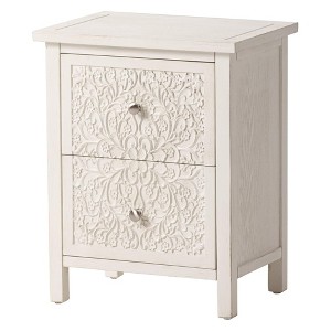 COZAYH Farmhouse 2 Drawer Nightstand with Embossed Flower Motif Front, French Country, Modern Distressed Finish Nightstand for Home Bedrooms, White - 1 of 4